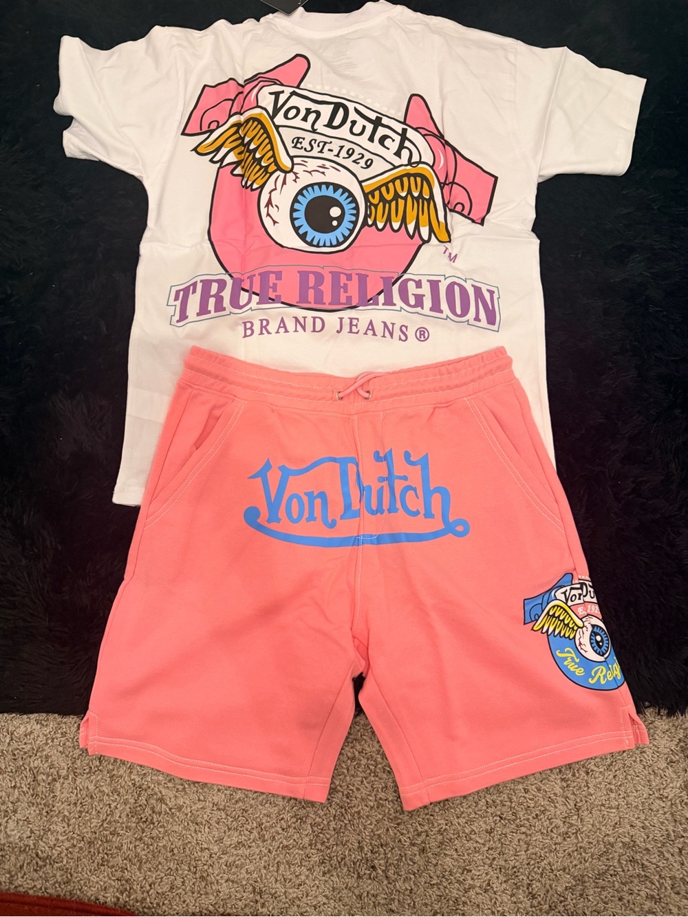 Coral Pink Logo Shorts with Blue Script